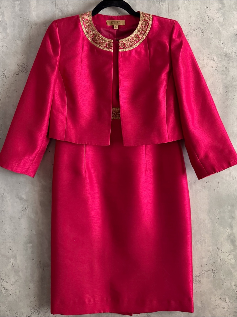 Kasper 2pc Formal Magenta Pink Sequin Embroidered Jacket Dress Set Suit Sz4P